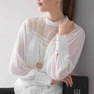 NWT WHBM Ivory Lace Trim Blouse, Size Small